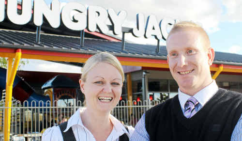 District manager Belinda Maguire and Dean Murphy at the new Hungry Jack’s restaurant in Warwick. District manager Belinda Maguire and Dean Murphy at the new Hungry Jack’s restaurant in Warwick.